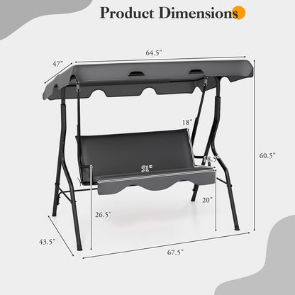 HAPPYGRILL 3-Person Patio Swing Chair, Outdoor Swing Glider with Adjustable Canopy and Removable Cushion, Porch Swing with Stand for Garden and Backyard, (Grey)