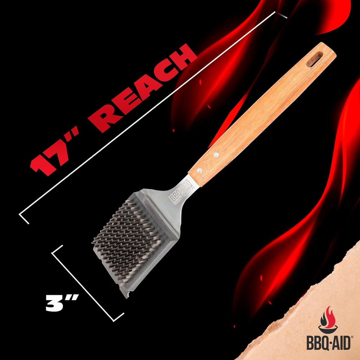 BBQ-Aid Grill Brush - Heavy-Duty Scraper with Extended Wooden Handle & Replaceable Stainless Steel Bristles