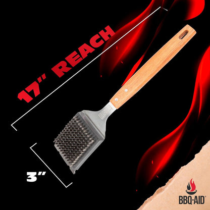 BBQ-Aid Grill Brush - Heavy-Duty Scraper with Extended Wooden Handle & Replaceable Stainless Steel Bristles