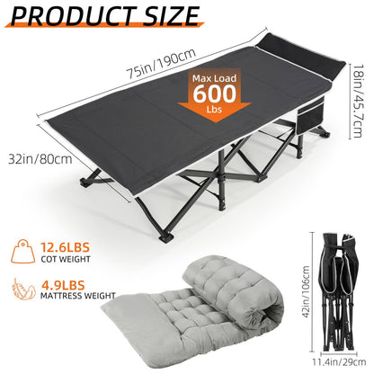 Fragess Portable Camping Cot, 32" Extra Wide Camping Cots for Adults with Thick Mattress, Heavy Duty Sleeping Cot Holds Up to 600LBS, Cots for Sleeping, Rv, Beach, Patio, Office Naps(Grey)
