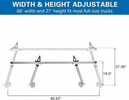 OUTPRIZE Non-Drilling Aluminum Truck Rack, Heavy Duty Width and Height Extendable Truck Bed Ladder Rack, Fit for Max 66" Wide Truck Bed, 600 lb. Capacity