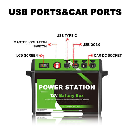Battery Box Power Center with USB and Anderson Plug, Group 24-31 12V Waterproof Smart Battery Box for Marine, Boat, Trolling Motor, Outdoor Camping, RV (BM001)