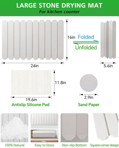 White Stone Drying Mat for Kitchen Counter, Diatomaceous Dish Drying Mat 16x24 Inch, Fast-Absorbing Quick-Dry Non-Slip Sink Tray