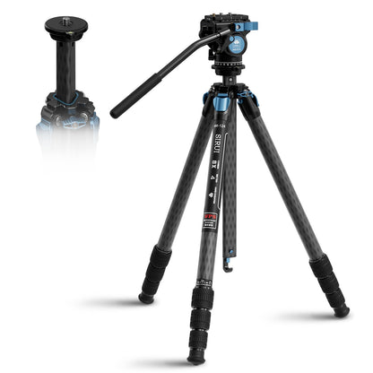 SIRUI AM-124 Carbon Fiber Tripod with AM-5VX Fluid Head, 65.6“ Compact Video Camera Tripod for Travel, Triangular Center Column, Side Loading QR Plate, Waterproof Twist Lock, Loads 6.6lbs