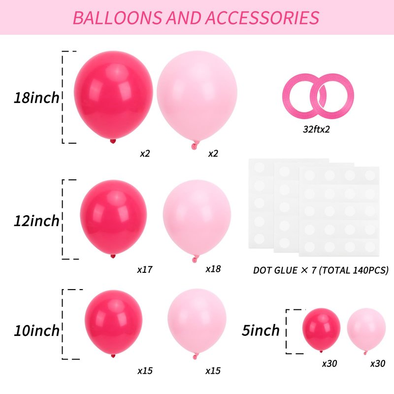 RUBFAC Baby Pink and Hot Pink Balloons 129pcs Different Sizes Pack of 18 12 10 5 Inch, Latex Magenta Pastel Pink Balloon Garland Arch Kit for Birthday Wedding Anniversary Baby Shower Princess Theme