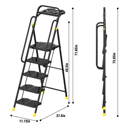 5 Step Foldable Step Ladder Stool with Roomy Tool Tray and Secure Handrail, Foldable Platform Ladder 5 Step Folding Stepstools with Wide Pedals and 800lbs Weight Capacity for Adults, Home, Kitchen