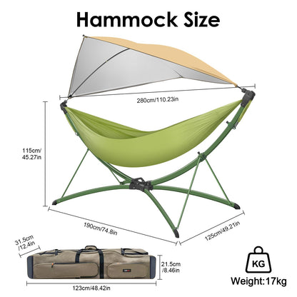 Portable Hammock with Quick Setup Folding Stand & Adjustable Sunshade Canopy & Storage Bag - Adult/Child Hammock Chair - Heavy Duty Hammock for Camping Home Garden Hotel Outside Beach Forest Grasslan