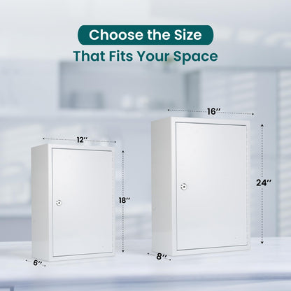 Wall Mounted Locking Medicine Cabinet - Metal Medicine Cabinet with Lock, Double Security Door for Safe Medicine Storage, Adjustable Shelf, White, 12" W x 18" H x 6" D