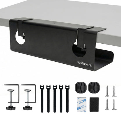 No Drill Under Desk Cable Management Tray with Clamp, Home/Office Desk Cord Organizer and Accessories Storage Shelf, 17'' Metal Cable Organizer for Standing/Gaming Desk, Office Supplies, Black 1 Set