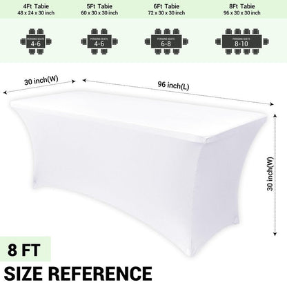 Obstal 8Ft Stretch White Spandex Table Cover for Standard Folding Tables - 2 Pack Universal Rectangular Fitted Tablecloth for Party, Banquet, Events, Trade Show (White, 96L x 30W x 30H Inches)