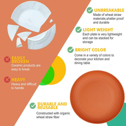 Homienly Deep Dinner Plates Set of 8 Alternative for Plastic Plates Microwave and Dishwasher Safe Wheat Straw Plates for Kitchen Unbreakable Kids Plate Set with 4 Colors (Classic Bright, 9 inch)