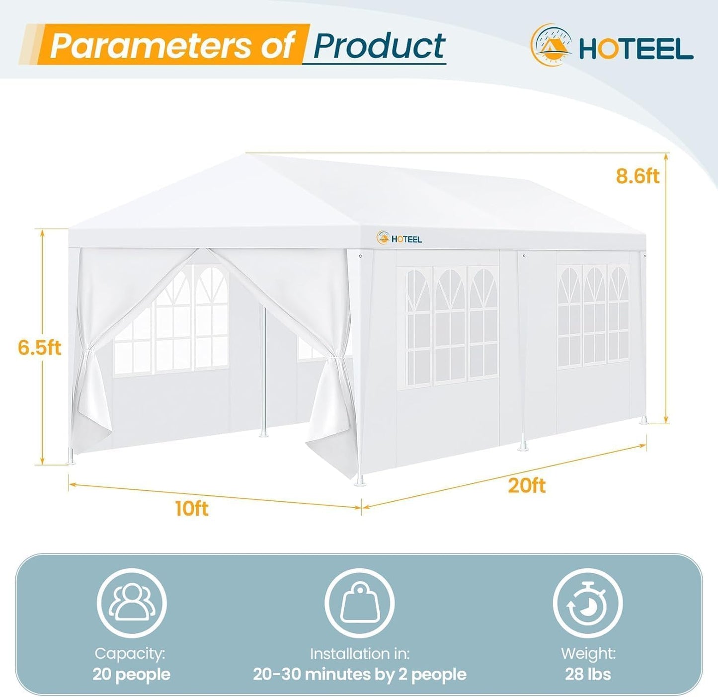 HOTEEL 10x20FT Party Tent Outdoor Canopy for 20-30 People with 6 Removable Sidewalls, 2 Zipper Doors, 12 Ropes and 24 Stakes, Carpas para Fiestas for Wedding Patio Backyard Baby Shower, White