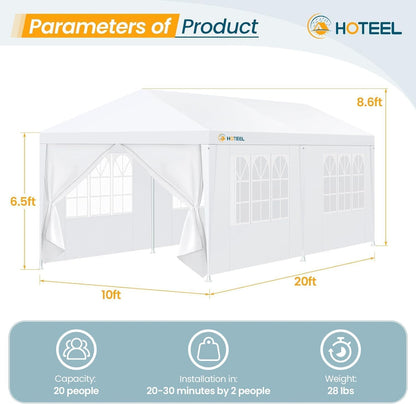 HOTEEL 10x20FT Party Tent Outdoor Canopy for 20-30 People with 6 Removable Sidewalls, 2 Zipper Doors, 12 Ropes and 24 Stakes, Carpas para Fiestas for Wedding Patio Backyard Baby Shower, White