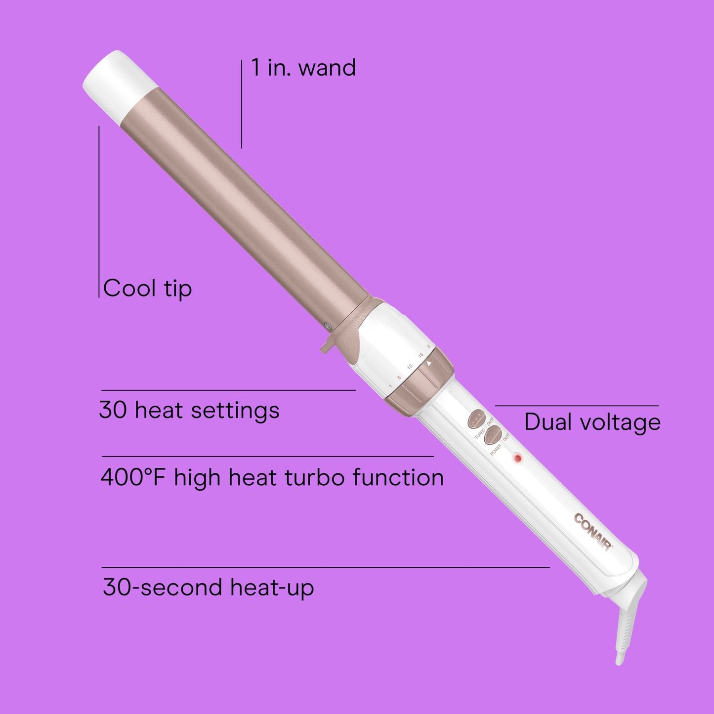 Conair Double Ceramic 1 1/4-inch to 3/4-inch Curling Wand, Tapered Wand Produces Beachy Waves, White