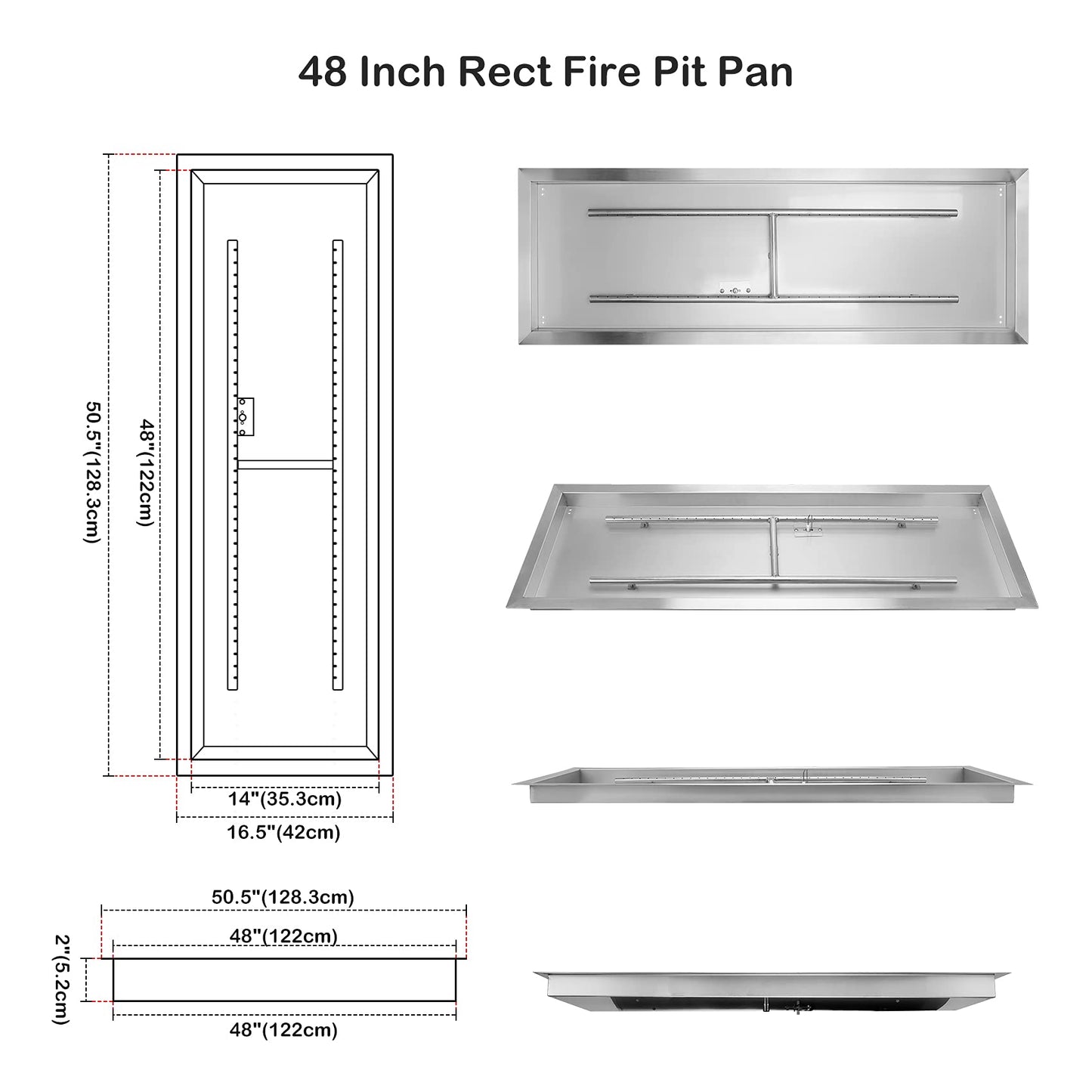 Stanbroil 48 x 14 Inch Rectangle Drop-in Fire Pit H-Burner Pan, Gas Fire Pit Insert for Outside DIY Fire Table, 304 Stainless Steel, BTU 185,000 Max