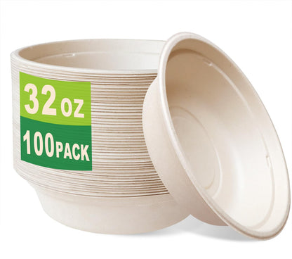 GreenWorks 100 Count 32 OZ Compostable Bowls, Natural Biodegradable Bagasse and Bamboo fiber Paper Bowls