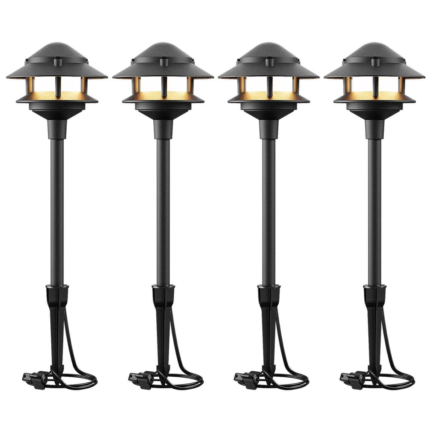 VENUS MANUFACTURING 12V Low Voltage Landscape Path Lights, 4-Pack 2.2W LED 2-Tier Tiered Path Lights (3100K Warm White) Landscape Lighting, Die-Cast Metal Housing with Stake, IP65 Weatherproof, Black