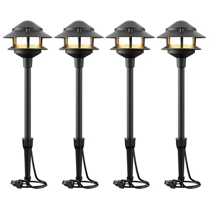 VENUS MANUFACTURING 12V Low Voltage Landscape Path Lights, 4-Pack 2.2W LED 2-Tier Tiered Path Lights (3100K Warm White) Landscape Lighting, Die-Cast Metal Housing with Stake, IP65 Weatherproof, Black