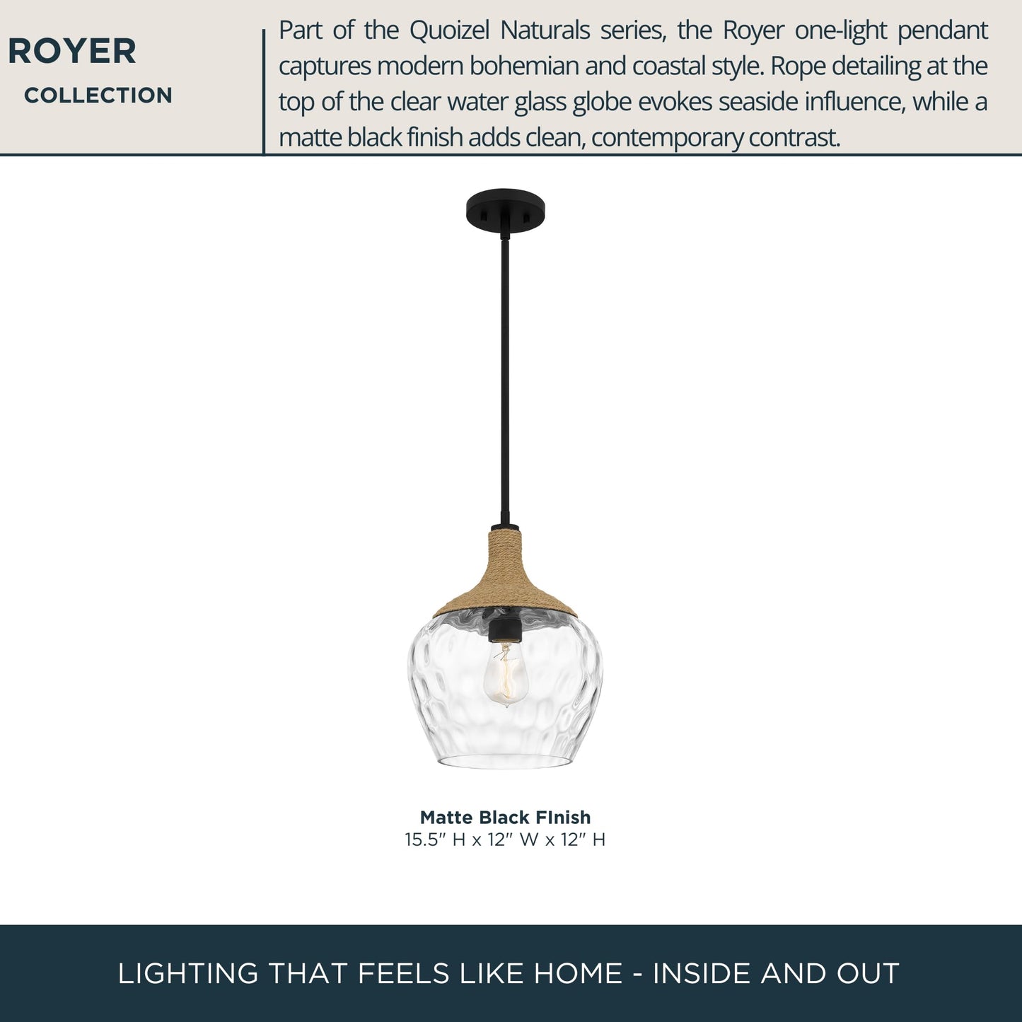 Quoizel Royer 1-Light Mini Pendant, Matte Black, Clear Water Glass with Rope Detail, Coastal Hanging Light for Kitchen, Bedroom or Bar