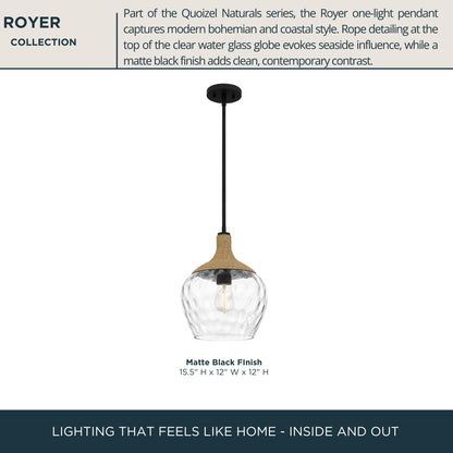 Quoizel Royer 1-Light Mini Pendant, Matte Black, Clear Water Glass with Rope Detail, Coastal Hanging Light for Kitchen, Bedroom or Bar