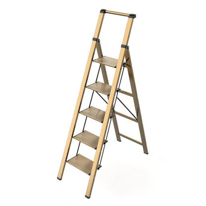 5 Step Ladder, Folding Step Stool, Lightweight Aluminum Foldable Ladder for 10 Foot High Ceiling with Anti-Slip Wide Sturdy Pedal and Handgrip, Multi-Use for Home (300 lbs Capacity) - Champagne Gold