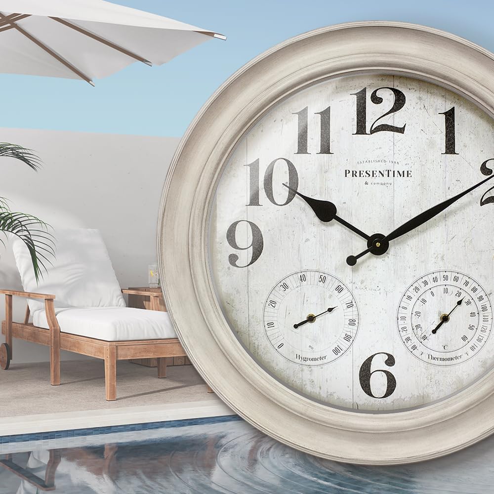 Presentime & Co. 26" Clifton in/Outdoor Farmhouse Clock with Thermometer & Hygrometer as All in One Weather Station, Farmhouse Wall Art and Timepiece for Home Decoration, Weathered White Finish