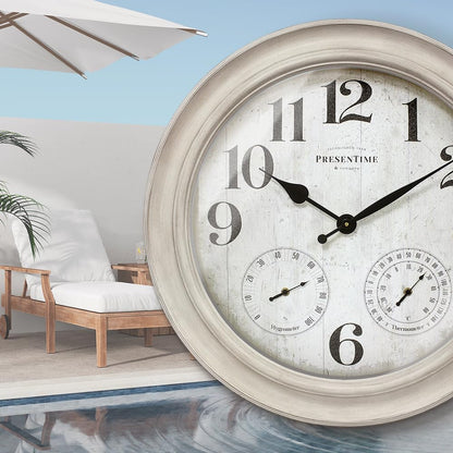 Presentime & Co. 26" Clifton in/Outdoor Farmhouse Clock with Thermometer & Hygrometer as All in One Weather Station, Farmhouse Wall Art and Timepiece for Home Decoration, Weathered White Finish