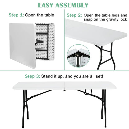 PIKAQTOP Plastic Folding Table 6ft Heavy Duty Foldable Utility Table with Carrying Handle for Camping Picnic BBQ Party Banquet Backyard, 500LBS Capacity, White