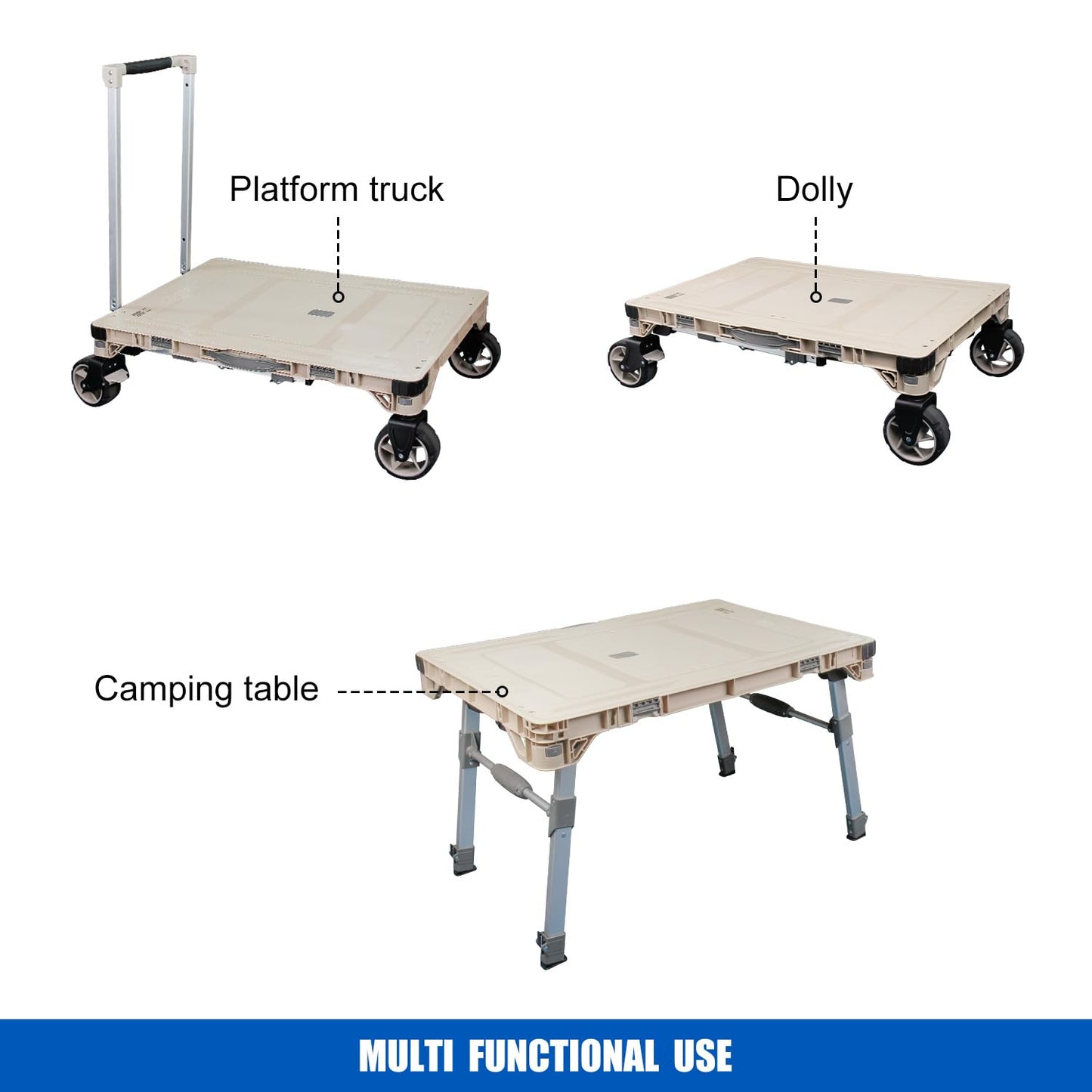 APOXCON 3-in-1 Camping Table Cart Multi-Purpose Used as Picnic Table & Dolly Cart & Platform Truck with Swivel Wheels for Camping Travel Shopping Outdoor
