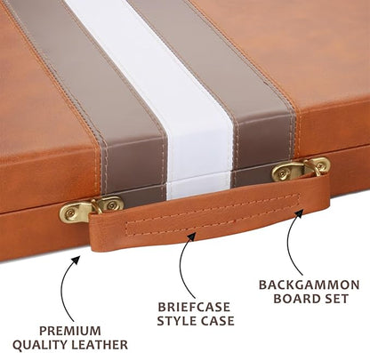 Backgammon Set - Classic Board Game with Premium Leather Case - Portable Travel Strategy Backgammon Game Set for Adults Kids (18inch Brown)