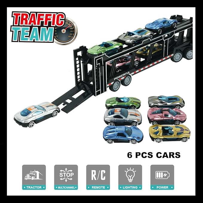 Remote Control Car Transporter Truck Includes 6 Cars 14 1:48 Car Transporter Semi Truck Toy Equipped with 2 Rechargeable Batteries Gifts Ideas for Boys Age 3-8 Year Old