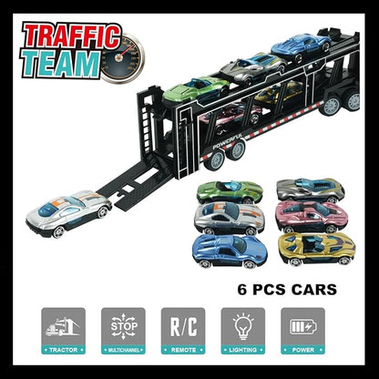 Remote Control Car Transporter Truck Includes 6 Cars 14 1:48 Car Transporter Semi Truck Toy Equipped with 2 Rechargeable Batteries Gifts Ideas for Boys Age 3-8 Year Old