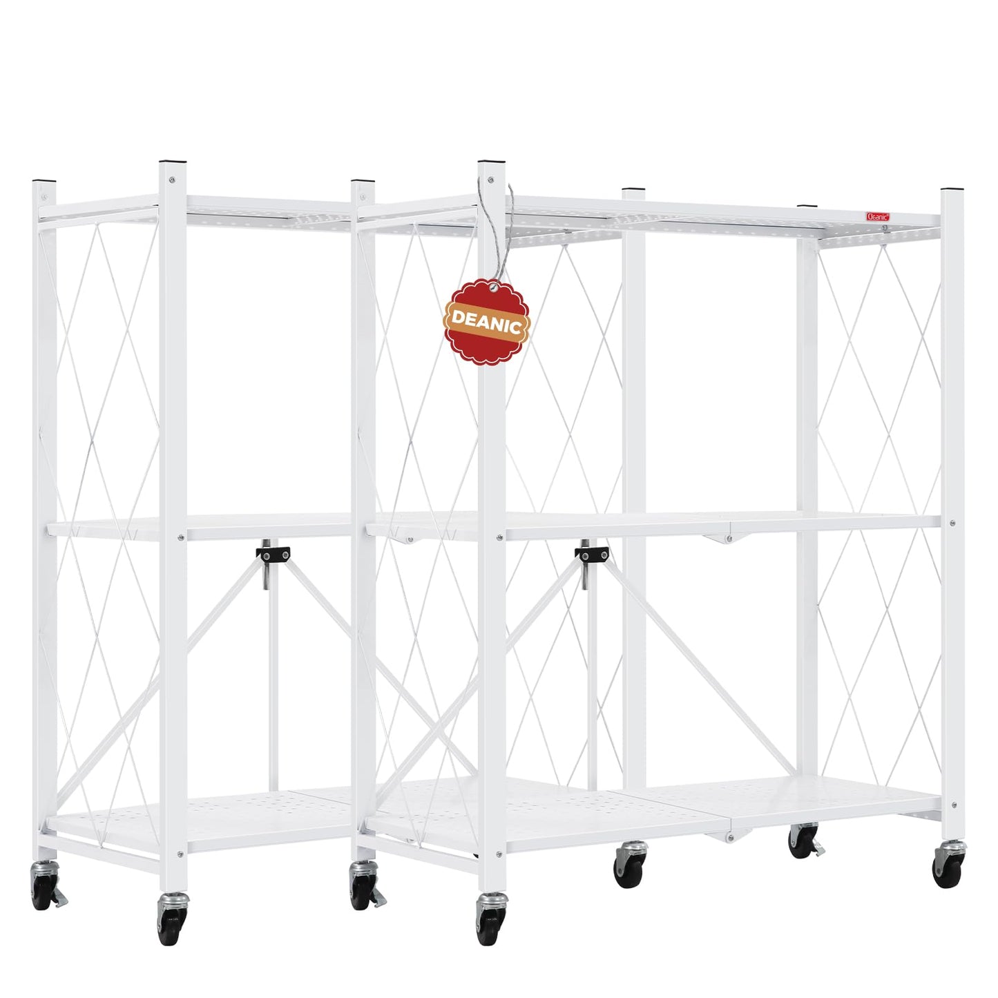 DEANIC 3 Tier Foldable Storage Shelves with Wheels, Large Capacity Shelving Unit, Freestanding Metal Wire Shelf Rack, No Assembly Organizer Rack for Garage Kitchen, Basement, Pantry(White Pack of 2)