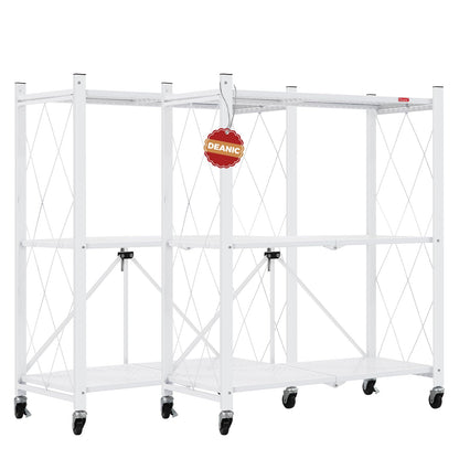 DEANIC 3 Tier Foldable Storage Shelves with Wheels, Large Capacity Shelving Unit, Freestanding Metal Wire Shelf Rack, No Assembly Organizer Rack for Garage Kitchen, Basement, Pantry(White Pack of 2)
