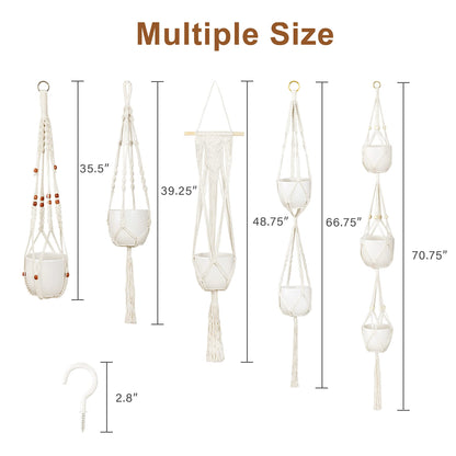 Augshy Macrame Hanging Planter, Set of 5 Plant Hanger Baskets, Handmade Flower Pot Holder for Home Indoor Outdoor Decor with 5 Pcs Ceiling Hooks(White)