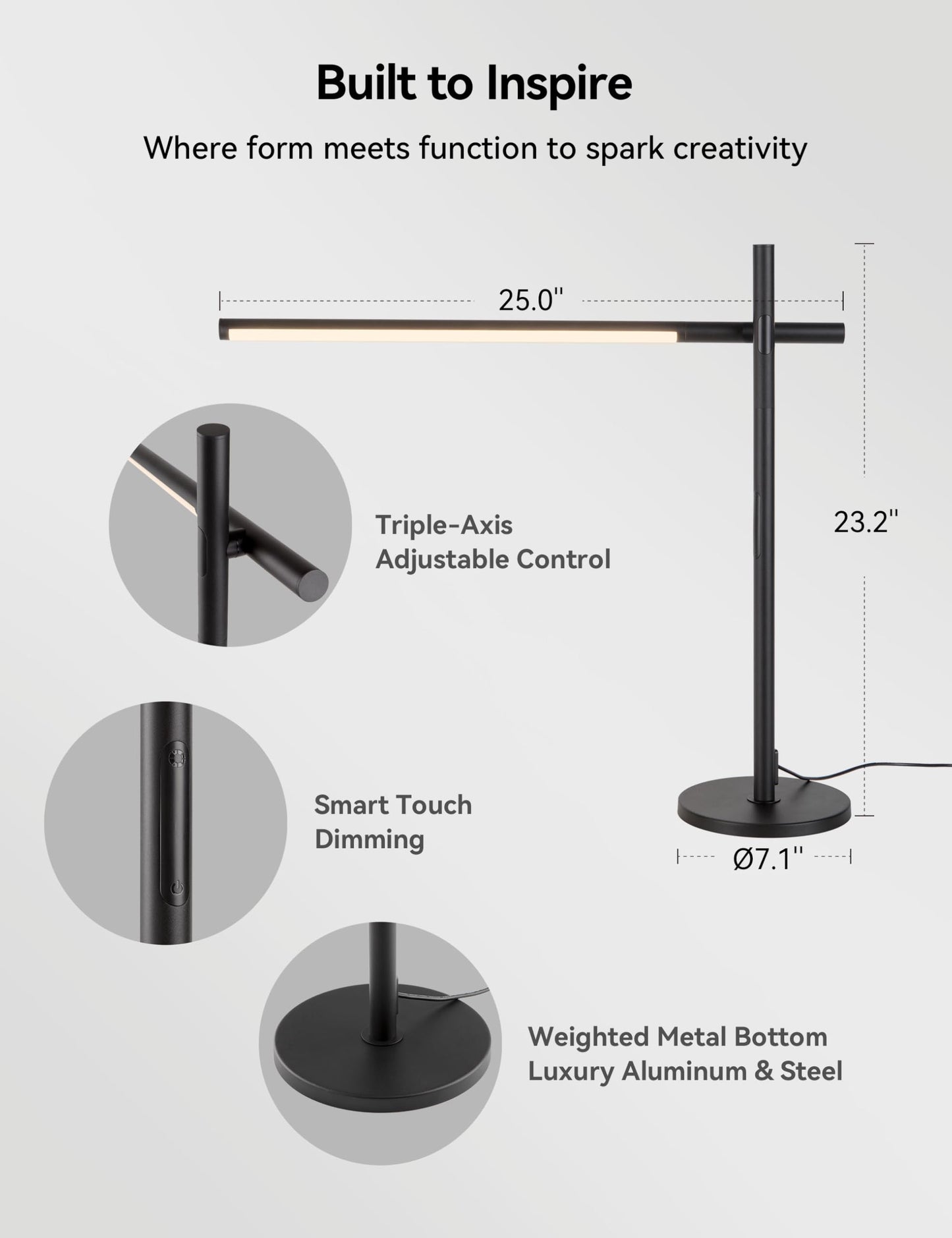 Tubicen Rotatable Desk Lamp 360° Adjustable Arm/Head 3 Colors 4- Level Touch Dimmable Plug-in Task Lamp Black 15W LED Modern Sleek Metal Desk Lamp for Bedroom Office Reading Studying