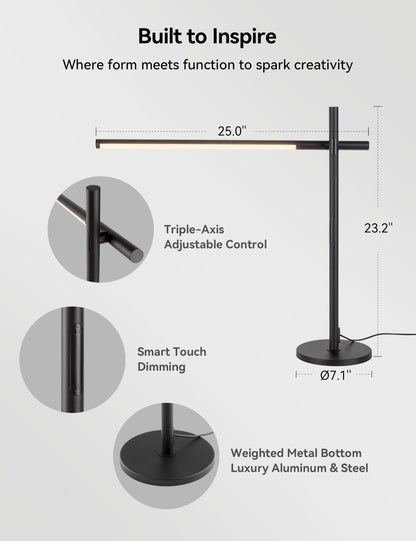 Tubicen Rotatable Desk Lamp 360° Adjustable Arm/Head 3 Colors 4- Level Touch Dimmable Plug-in Task Lamp Black 15W LED Modern Sleek Metal Desk Lamp for Bedroom Office Reading Studying