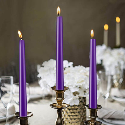 Purple Taper Candles, Set of 24 Unscented and Smokeless 10 Inch Taper Candles Long Burning, Paraffin Wax with Cotton Wicks for Burning Approxinately 7-8 Hours Time