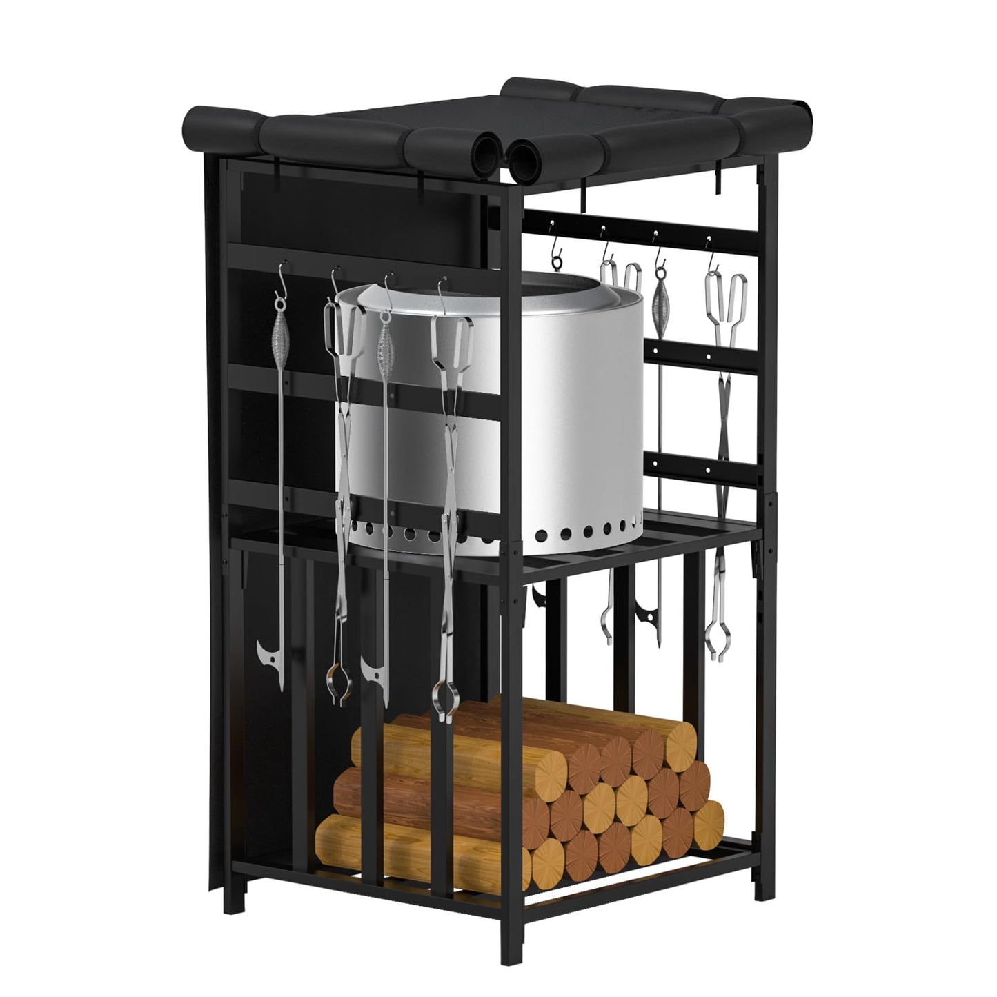 MOASKER Firewood Storage Rack for Solo Stove Bonfire Ranger Yukon Fire Pit Accessories, Black Steel with Powder Coated Finish, Adjustable Shelves, Waterproof Cover, 29.9" x 25.6" x 52.9"