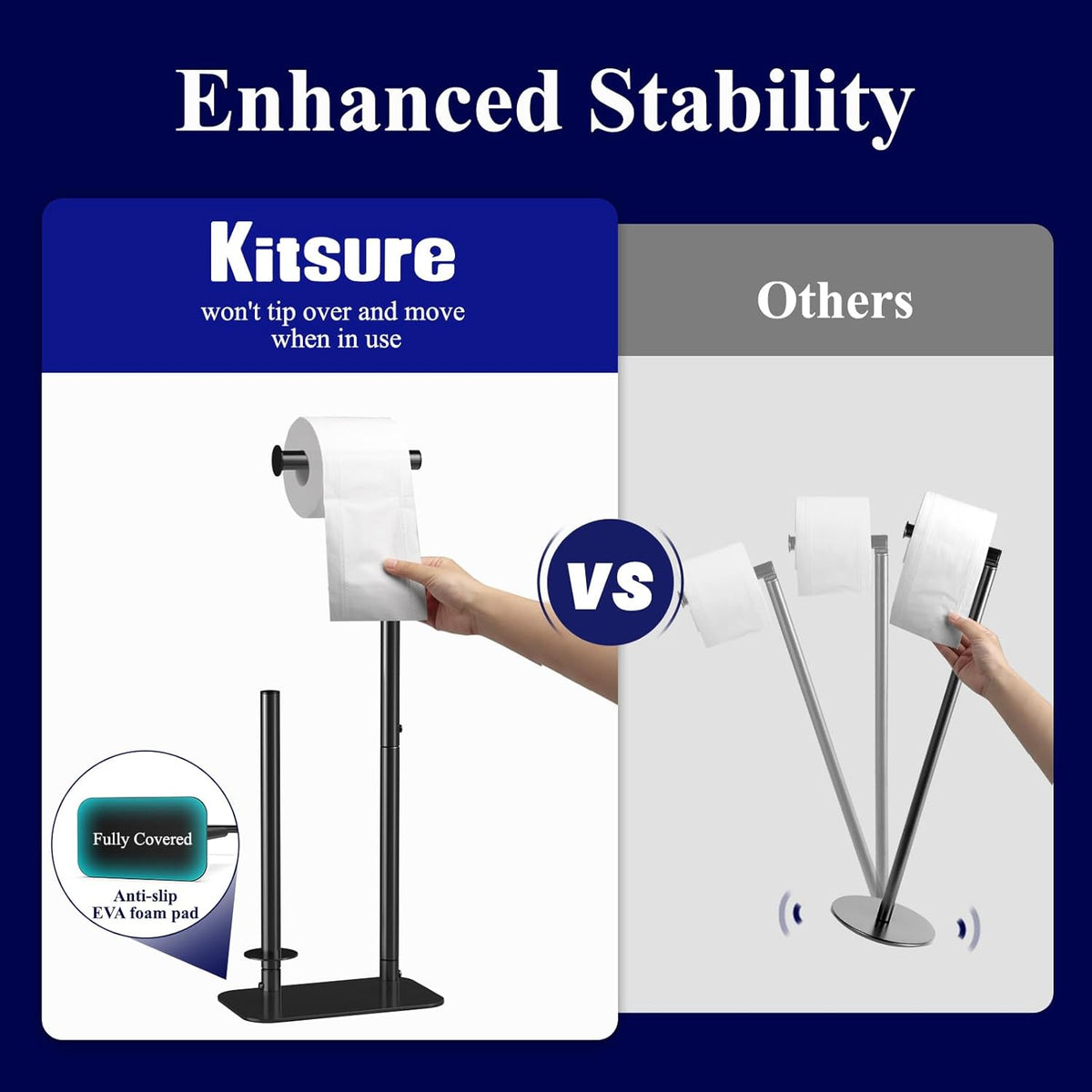 Kitsure Toilet Paper Holder - Free Standing, Rustproof Design for 4 Rolls, Non-Slip Stable Base | Black Medium