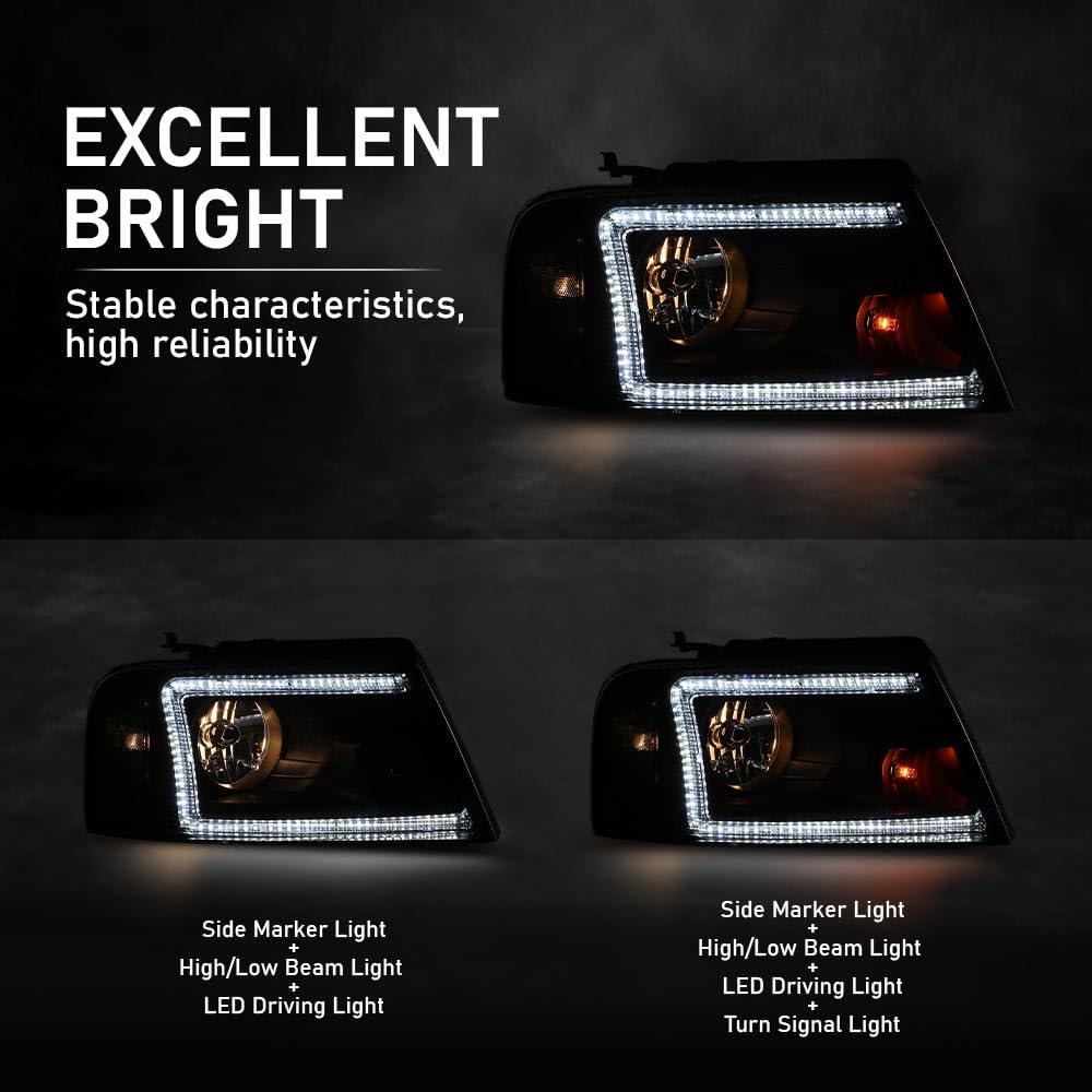 LED DRL Headlight Assembly Front Headlamp,Compatible with Ford F150 2004-2008,Fit Lincoln Mark LT 2006-2008,NOT Fit 2004 F150 Heritage/Flareside Beds Models,Clear Lens Black Housing Clear Reflector