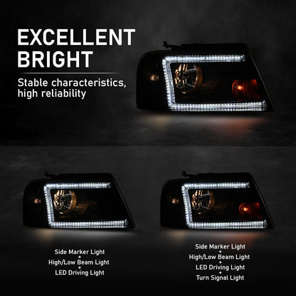 LED DRL Headlight Assembly Front Headlamp,Compatible with Ford F150 2004-2008,Fit Lincoln Mark LT 2006-2008,NOT Fit 2004 F150 Heritage/Flareside Beds Models,Clear Lens Black Housing Clear Reflector