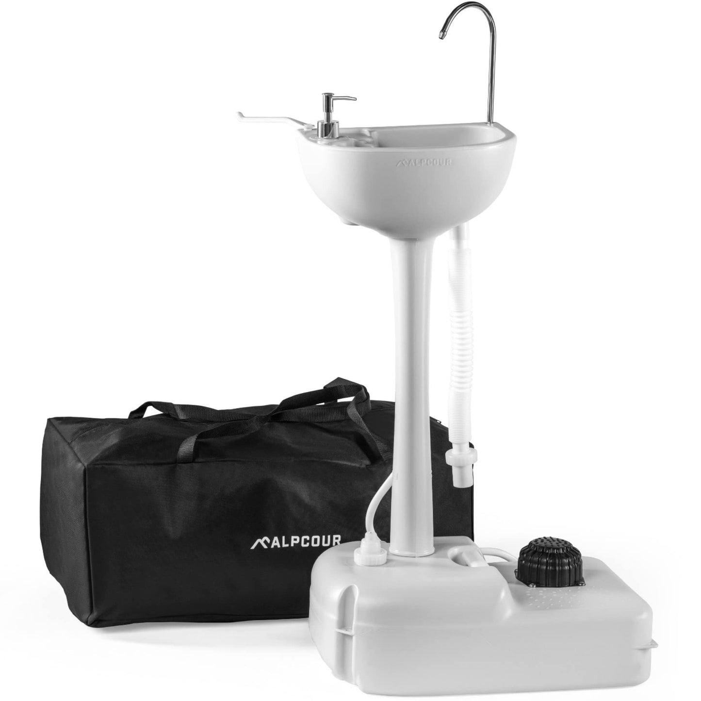 Alpcour Portable Camping Sink – Indoor/Outdoor Travel Hygiene Station with Basin, Running Faucet, Soap Dispenser, Towel Rack, Drain Hose, Hands-Free Foot Pump, Stakes & Carry Bag – 17L Water Capacity