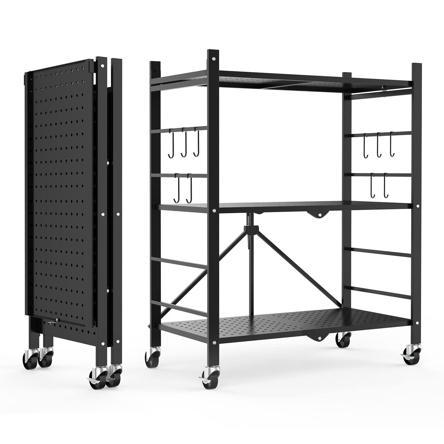 Himix Storage Shelves with Hooks, Foldable Metal Shelving Unit on Wheels, No Assembly Collapsible Shelves for Storage, Holds 264 Ibs Storage Rack for Kitchen Garage Pantry Room Organization