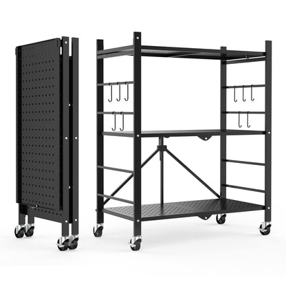 Himix Storage Shelves with Hooks, Foldable Metal Shelving Unit on Wheels, No Assembly Collapsible Shelves for Storage, Holds 264 Ibs Storage Rack for Kitchen Garage Pantry Room Organization