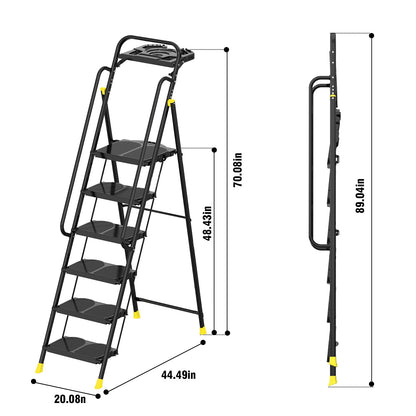 6 Step Foldable Step Ladder Stool with Roomy Tool Tray and Secure Handrail, Foldable Platform Ladder 6 Step Folding Stepstools with Wide Pedals and 800lbs Weight Capacity for Adults, Home, Kitchen