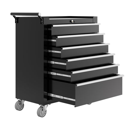 PeakPursuit 6-Drawers Rolling Tool Chest, Portable Tool Box with Wheels and Lock System, Secure Storage Cabinet for Warehouse, Workshop, and Repair Shop, Black