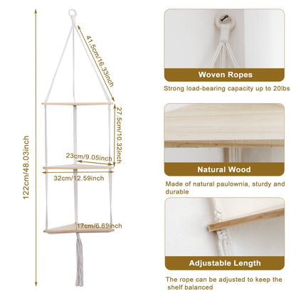Artilady White Corner Floating Shelves Wall Hanging- Macrame 3 Tier Corner Shelf Plant Wall Decor Boho Rustic Wooden Storage Orgnizer for Bedroom Living Room Pots Photos