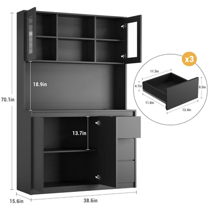 71" Kitchen Pantry Cabinet,Tall Storage Cabinet with Doors & Shelves Adjustable, Kitchen Storage Hutch with Microwave Shelf,Coffee Bar,Led Lights&Charging Station,Corner Pantry Cabinet for Living Room