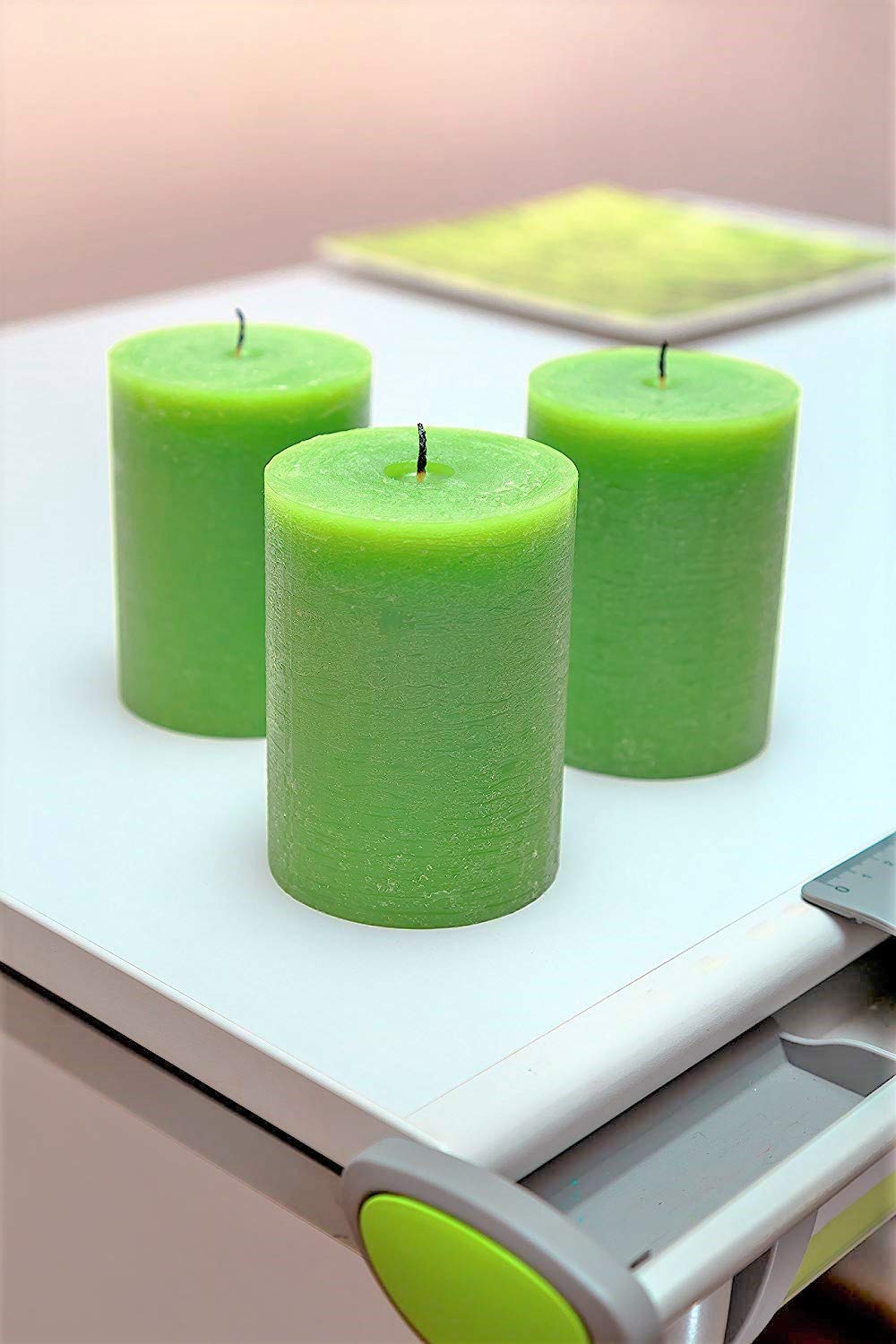 Melt Candle Company Set of 3 Pillar Candles 3" x 4" Unscented Handpoured Weddings, Home Decoration, Restaurants, Spa, Church Smokeless Cotton Wick - Green